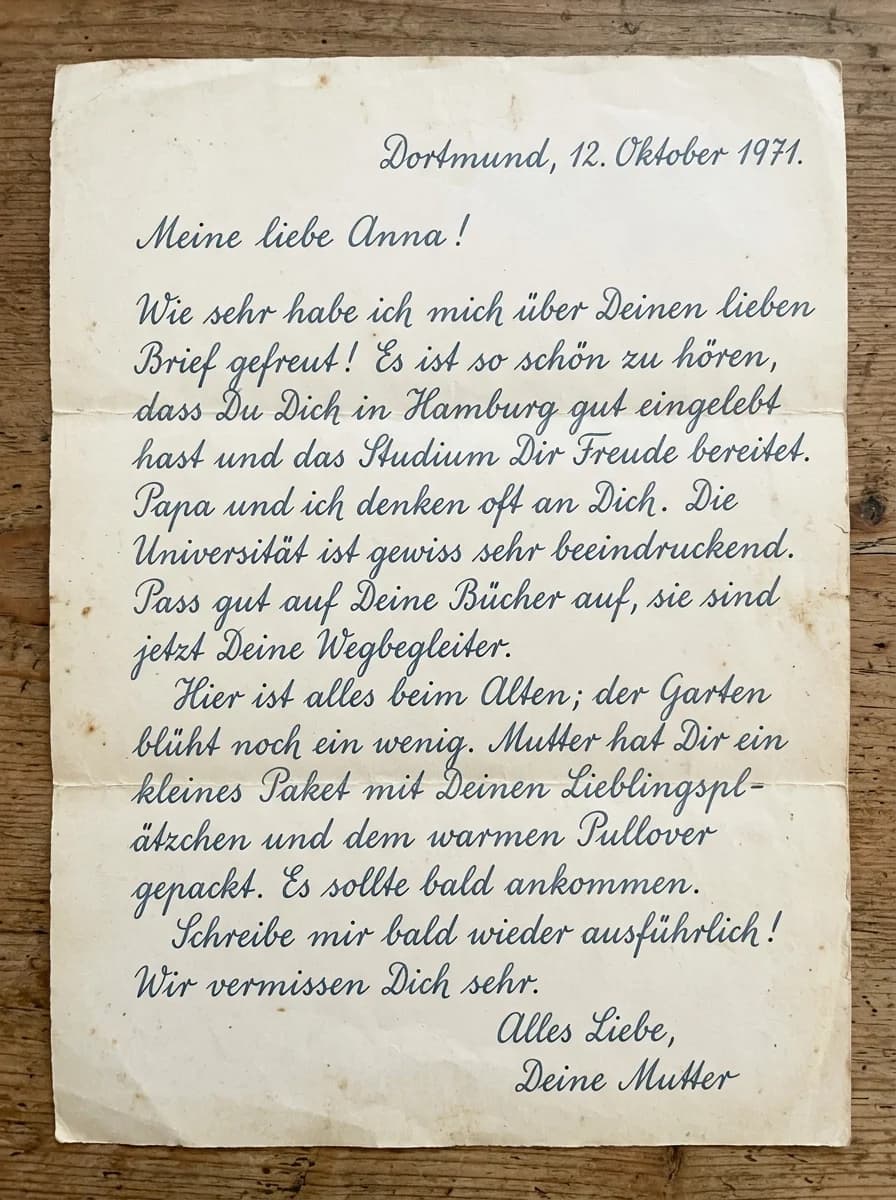 Brief der Mutter — am Tag vor der Abreise zur Universität, Heidelberg 1971