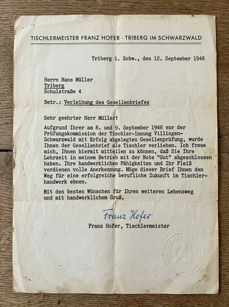 Gesellenbrief von Franz Hofer · Triberg 1948