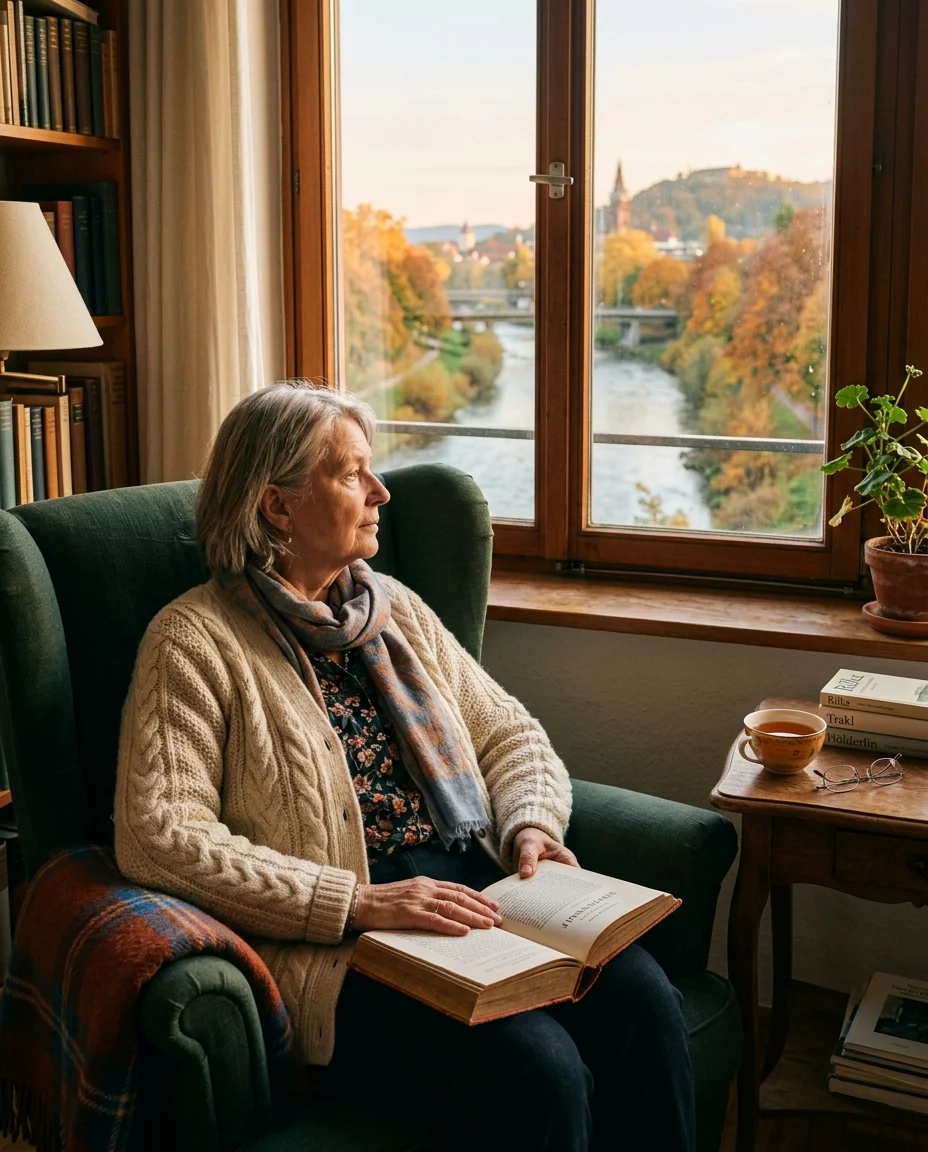 Am Fenster, im Sessel, Hesse auf dem Schoß · Herbst 2024