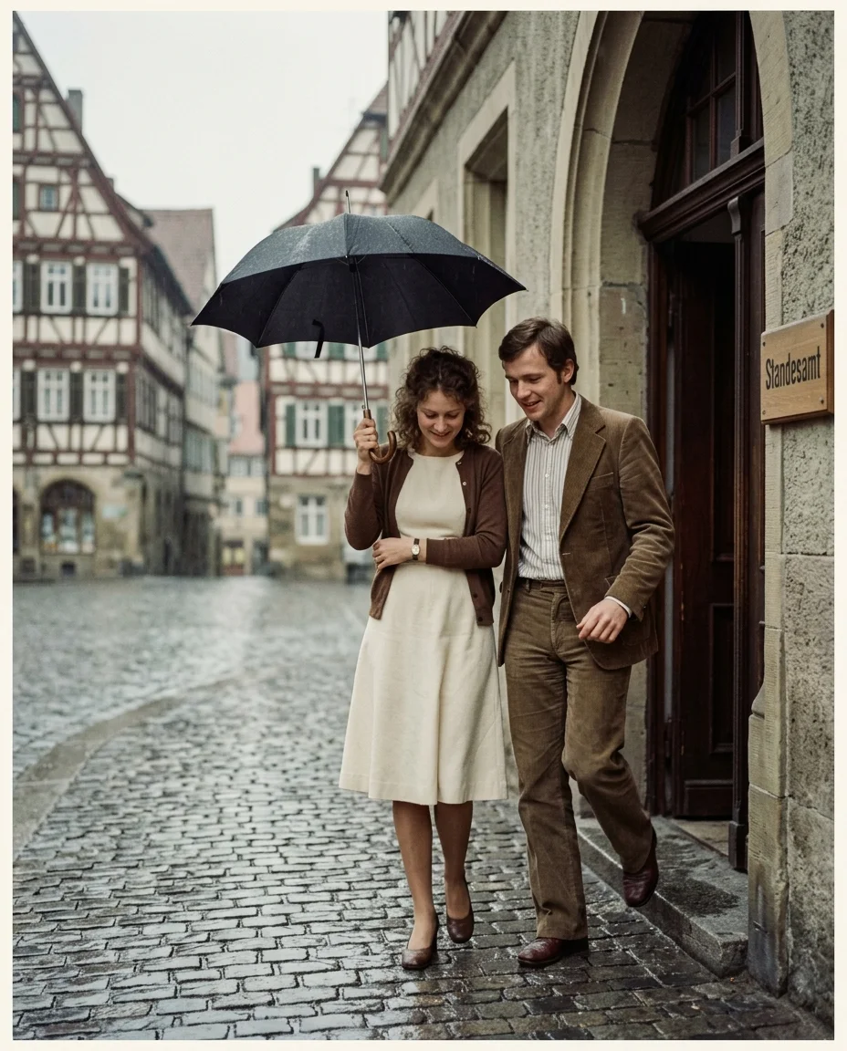 Anna und Thomas verlassen das Tübinger Rathaus unter einem Schirm