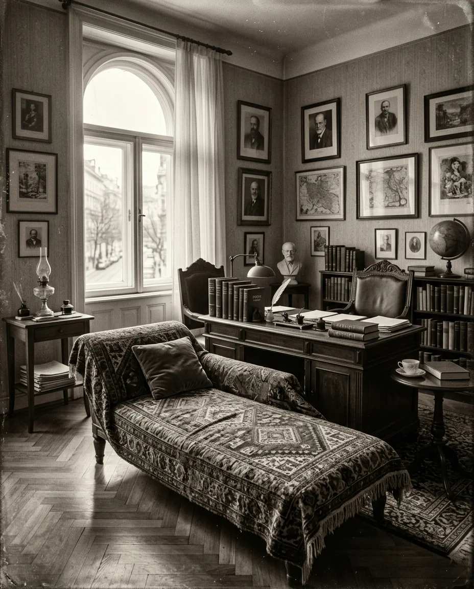 Couch mit persischem Teppich · Blick von der Schwelle des Arbeitszimmers