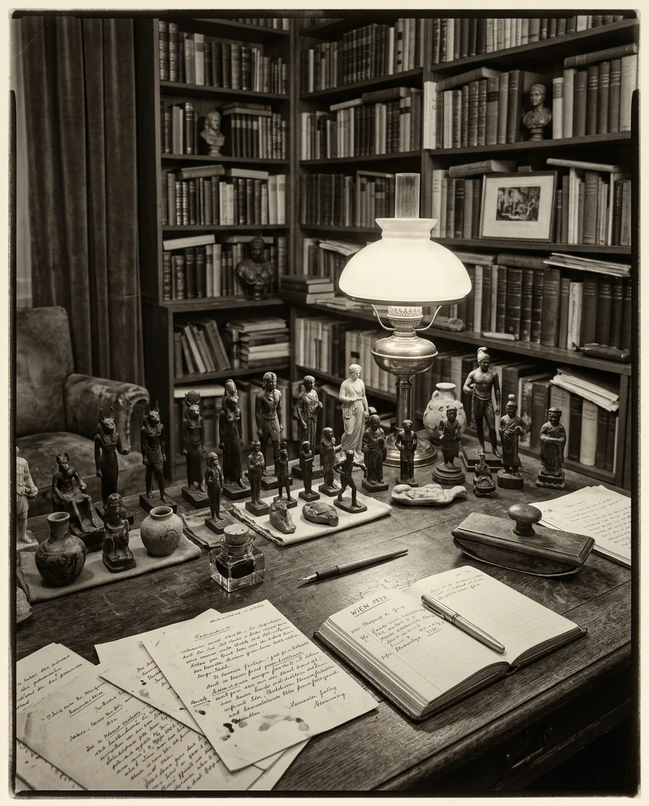 Schreibtisch mit Statuetten · »meine alten und schmutzigen Götter«