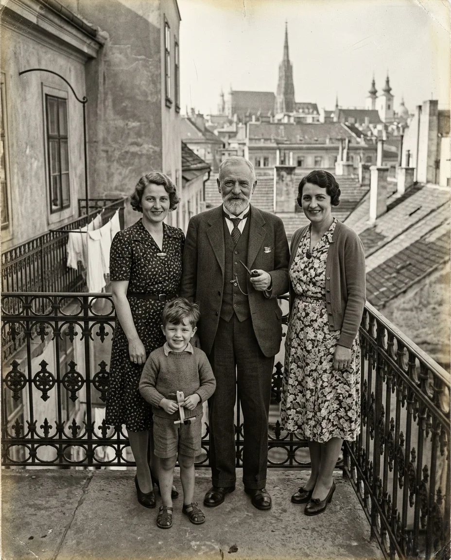 Familie auf dem Balkon · Martha, Sigmund, Anna, die Enkel